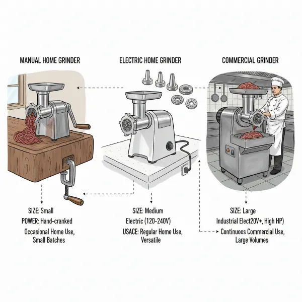 A visual comparison of manual, home electric, and commercial electric meat grinders with their key features.