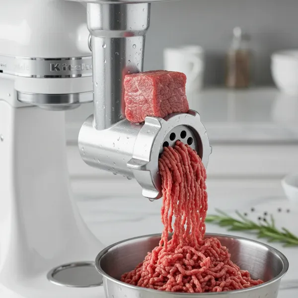 Raw meat being ground efficiently by the KitchenAid metal food grinder attachment.