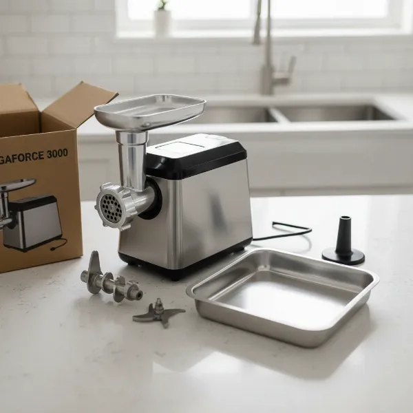 Megaforce 3000 electric meat grinder unboxed, showcasing its sleek stainless steel design and sturdy components.