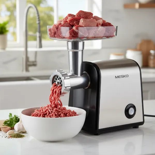 Modern electric Mesko meat grinder efficiently processing meat in a clean kitchen setting.