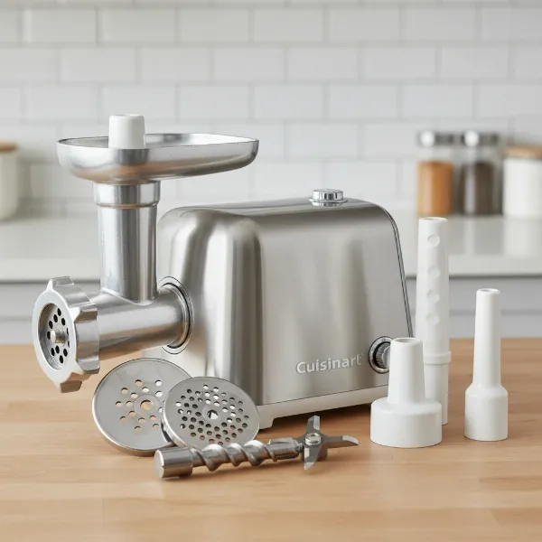 Cuisinart MG-100 meat grinder parts including plates and sausage stuffers.