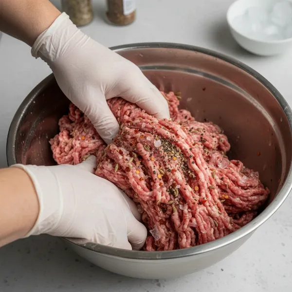 Hands mixing ground meat with spices in a cold bowl, creating homemade sausage mixture.
