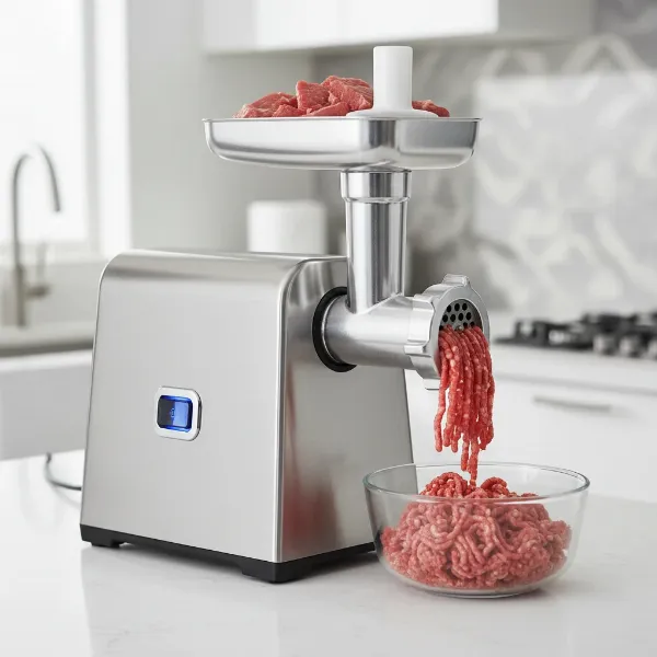 A powerful, sleek electric meat grinder actively grinding meat, emphasizing speed and efficiency for home use.