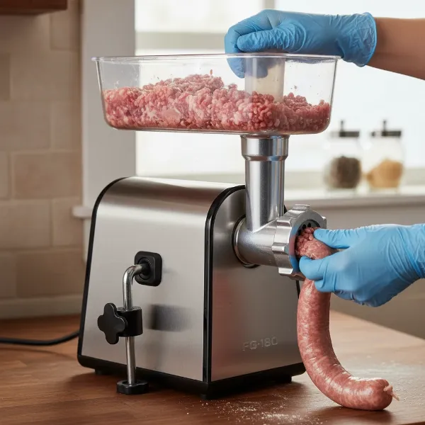 Nesco FG-180 meat grinder actively stuffing homemade sausage into casings with a dedicated attachment.