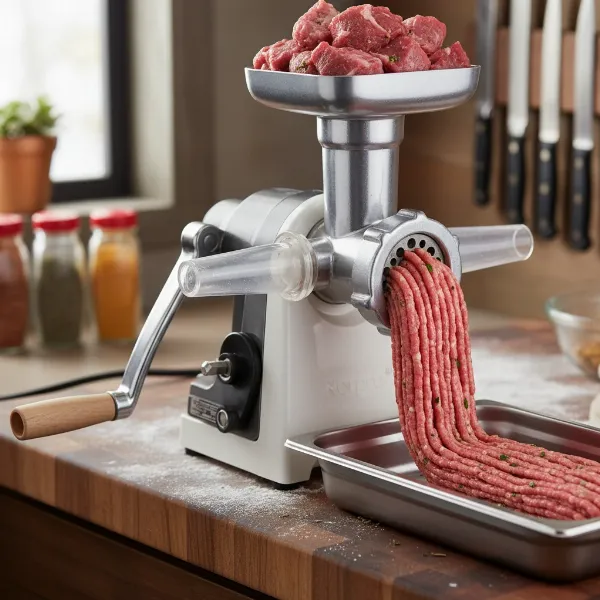 norpro meat grinder processing beef with sausage funnel