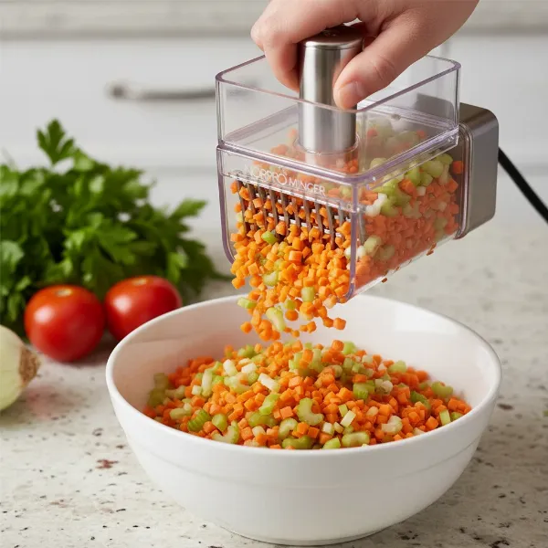 norpro mincer processing fresh vegetables for salsa or baby food