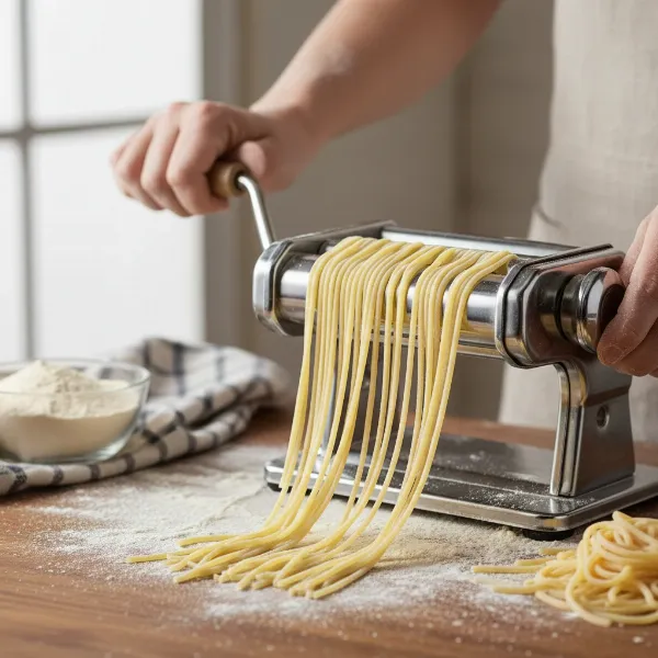 norpro pasta maker extruding fresh spaghetti noodles