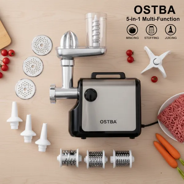 Ostba meat grinder with multiple attachments for various food processing tasks.