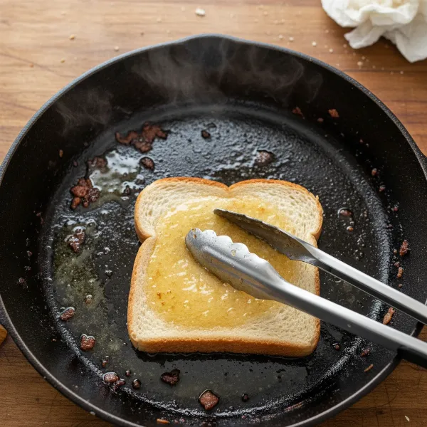 a slice of bread soaking up leftover cooking grease in a hot frying pan