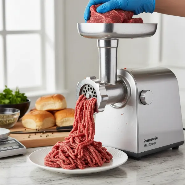 Panasonic MK-G20NR actively grinding raw beef into coarse ground meat for homemade burgers.