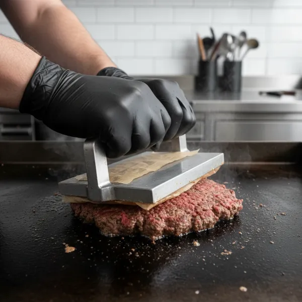 A burger press smashing a beef ball on a hot cast-iron griddle with parchment paper.