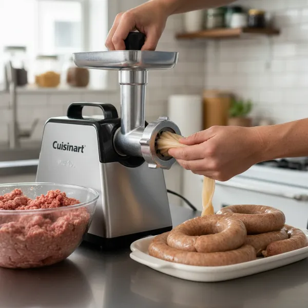 Person making homemade sausages with Cuisinart MG-100 meat grinder.
