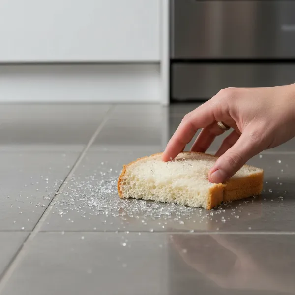 a slice of bread safely picking up tiny shards of broken glass from a kitchen floor