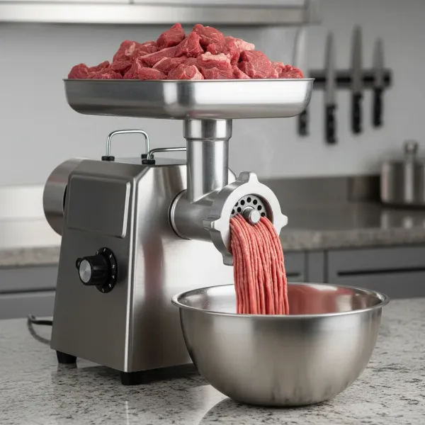 A robust stainless steel standalone electric meat grinder processing large quantities of meat