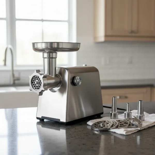 A high-quality, professional-looking stainless steel electric meat grinder, emphasizing robust construction and features.