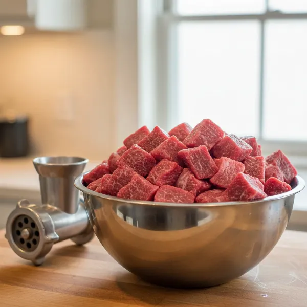 A bowl of chilled, trimmed, and cubed meat ready for optimal grinding.