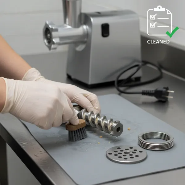 Person cleaning and unplugging a meat grinder for recycling with a checklist overlay