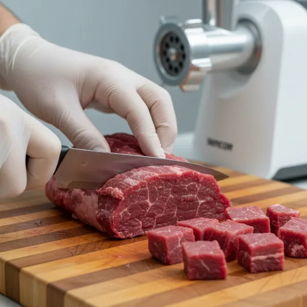 Hands preparing fresh, chilled meat cuts for grinding, with a Sencor grinder in the background.