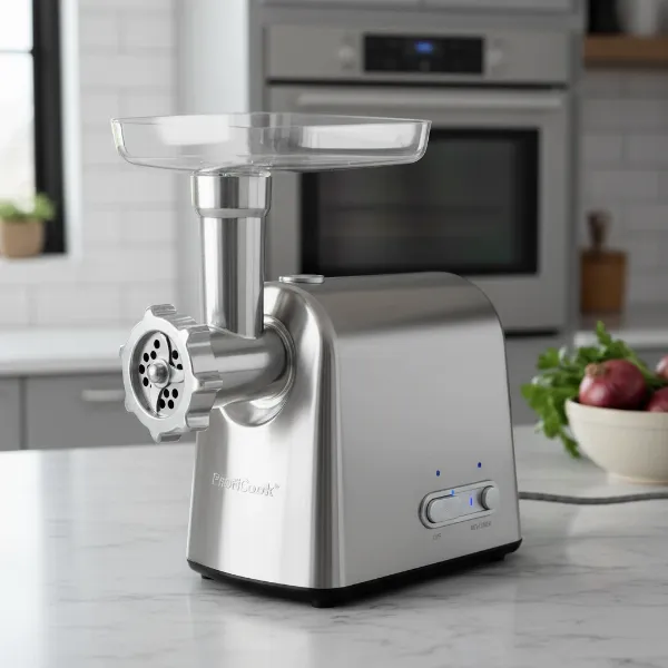 ProfiCook FW1060 electric meat grinder on a kitchen counter, ready for use.