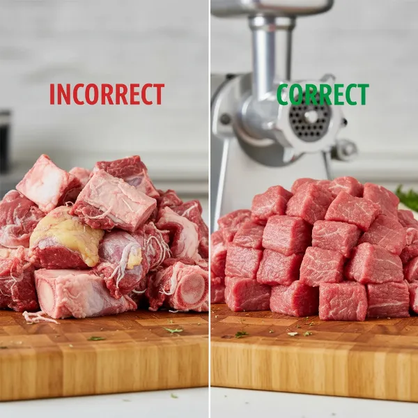 Visual guide showing properly trimmed meat, free of bones and sinew, ready for a meat grinder