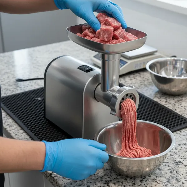 Person properly preparing meat and operating a meat grinder on an anti-vibration mat to minimize noise.