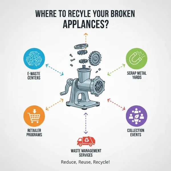 Various recycling options for broken meat grinders, including centers, retailers, and events