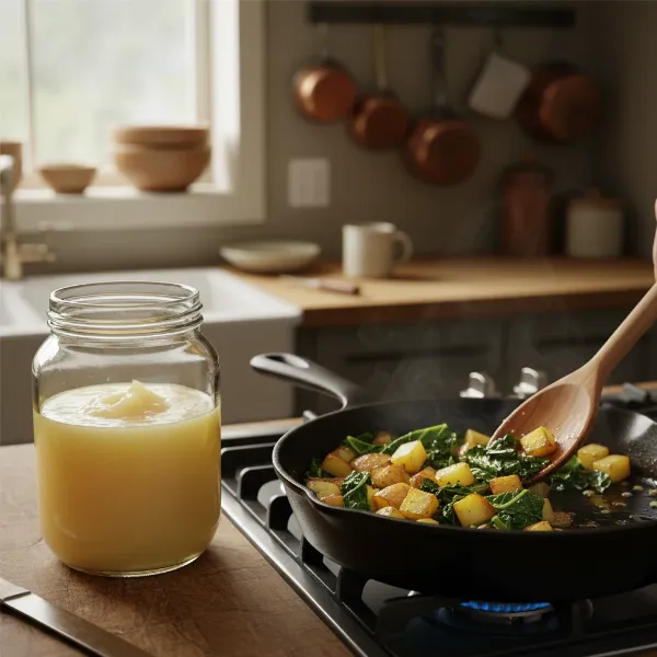 A clear glass jar filled with golden, rendered animal fat, next to a pan frying vegetables, symbolizing reuse in cooking.