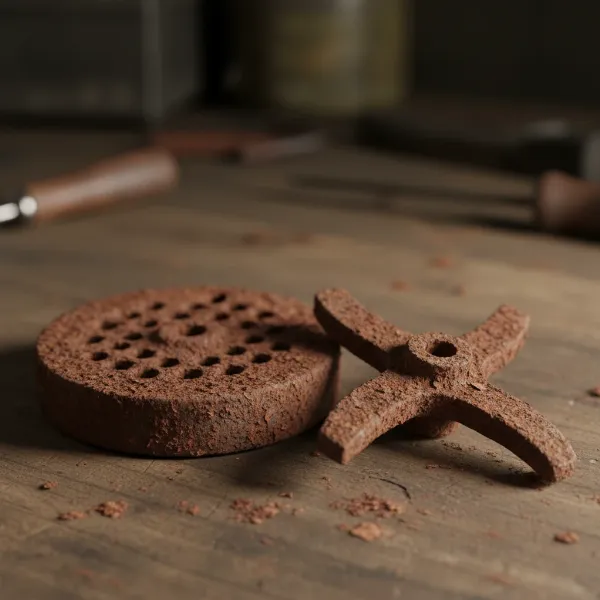 Close-up of rusty meat grinder plate and knife, showing reddish-brown corrosion.
