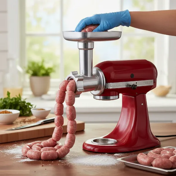 KitchenAid grinder attachment with sausage stuffer tubes, demonstrating sausage making.