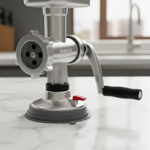 Huanyu manual meat grinder's suction base and ergonomic hand crank for stability.