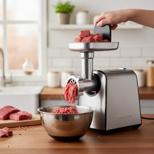 A Severin standalone electric meat grinder actively processing raw beef into ground meat in a home kitchen setting.