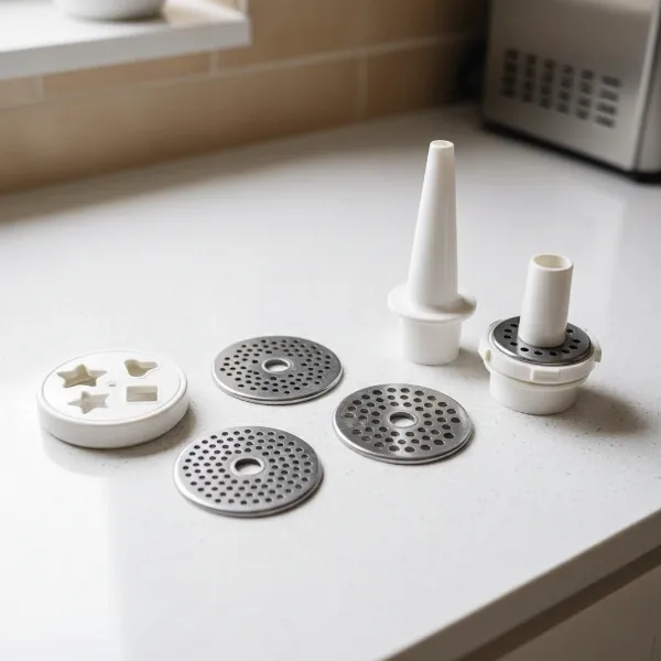 A collection of versatile Severin meat grinder attachments including sausage stuffers, kibbeh maker, and biscuit shapers.