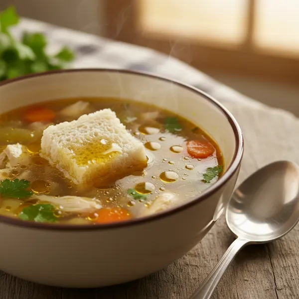 a slice of bread floating on soup to absorb excess fat from the surface