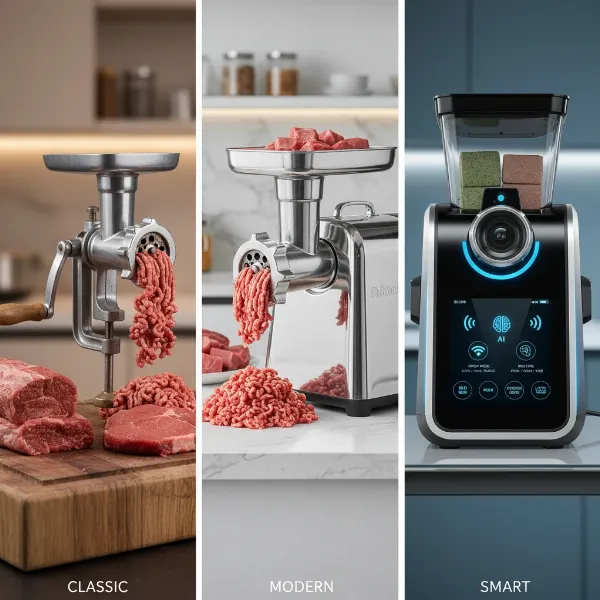 Illustrates the evolution from manual to smart meat grinders with digital interfaces and connectivity.