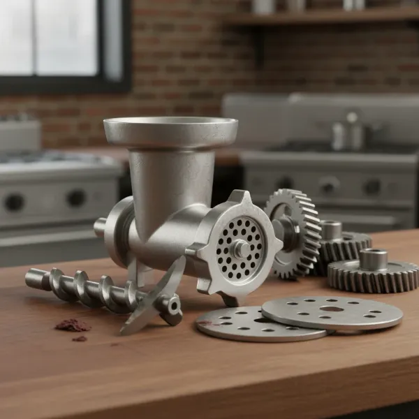 Close-up of stainless steel grinding head, auger, blade, and steel gears for durability.