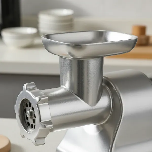 Close-up of Huanyu manual meat grinder's robust stainless steel body and polished finish.