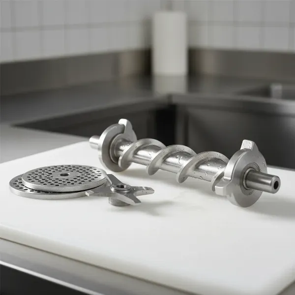 Close-up of shiny stainless steel components of a commercial meat grinder.