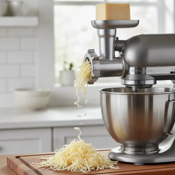Stand mixer with a meat grinder attachment processing cheese for culinary use.