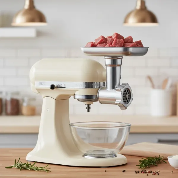A metal food grinder attachment connected to a stand mixer, ready for grinding small batches of meat.