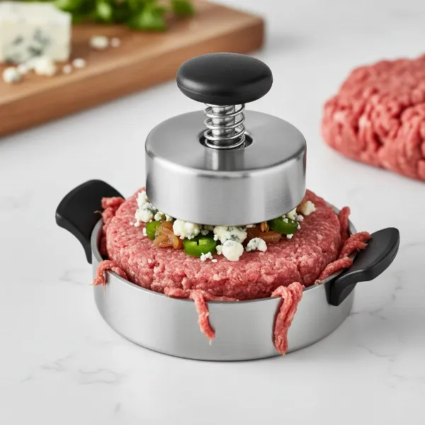 A burger press designed for making stuffed burgers with a filling.