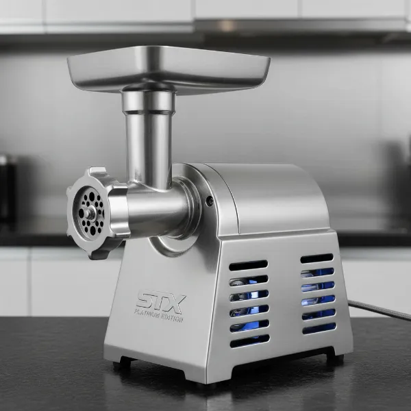 Close-up of STX International Gen 2 Platinum meat grinder's robust stainless steel housing and cooling vents.