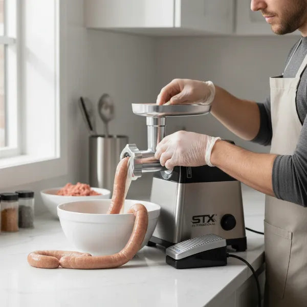 Person using a STX International Gen 2 Platinum meat grinder with a foot pedal for hands-free sausage stuffing.