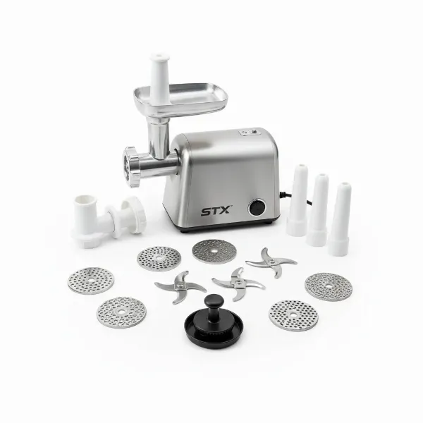STX Turboforce 3000 meat grinder displayed with its full range of accessories, including plates, blades, and stuffing tubes.