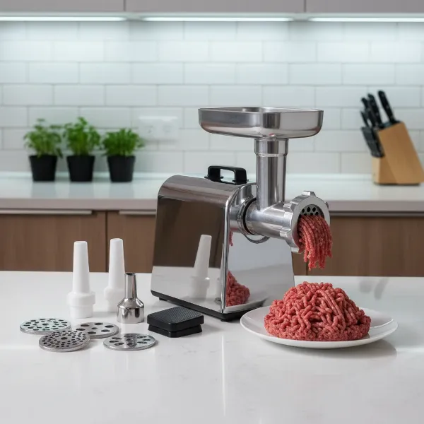 STX Turboforce 3000 series electric meat grinder with various attachments for home cooking.