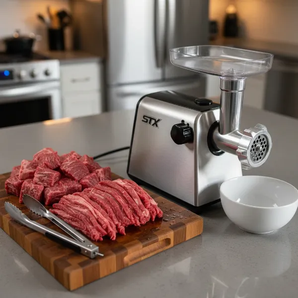 STX Turboforce 3000 electric meat grinder with prepped meat on a cutting board, ready for processing.