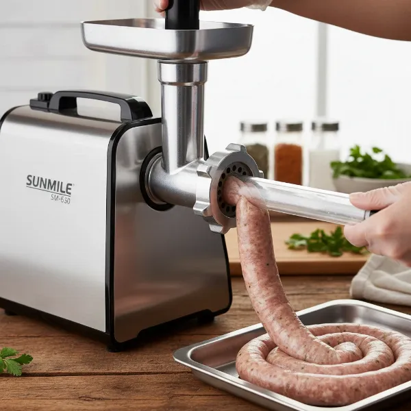 Sunmile SM-G50 electric meat grinder extruding ground meat into sausage casings.