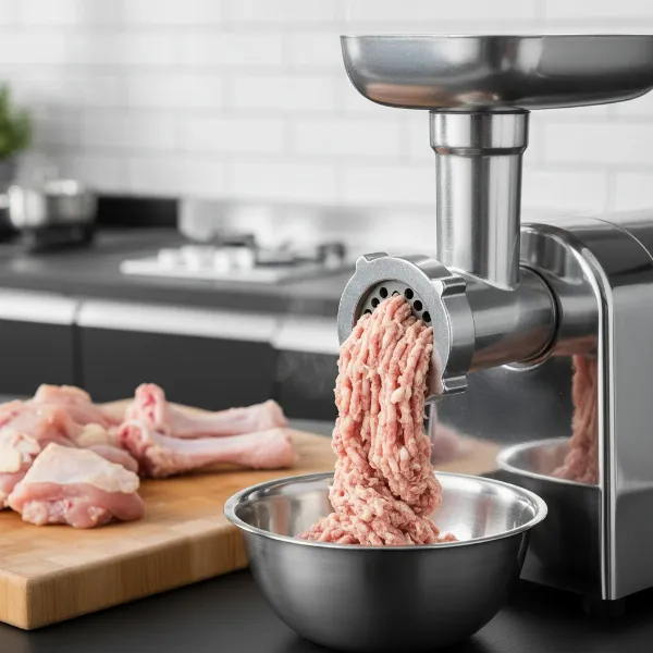 Tasin TS-108 meat grinder processing chicken bones and meat for raw pet food in a kitchen.