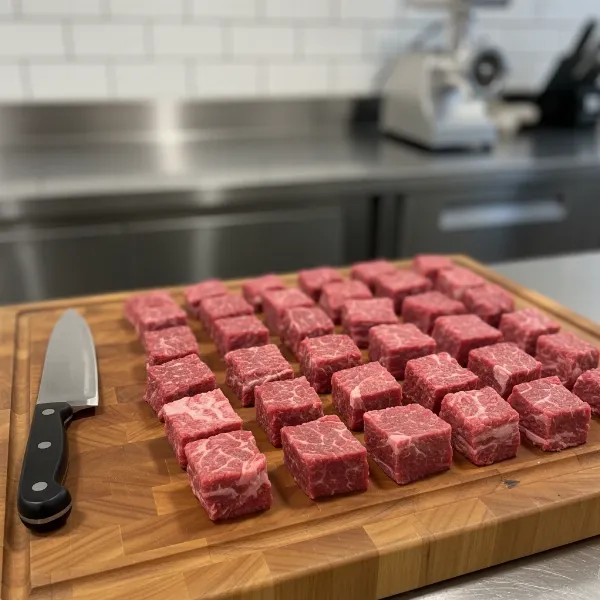 Pieces of raw beef or pork, meticulously trimmed of sinew, silver skin, and excess fat, cut into appropriate sizes for grinding.