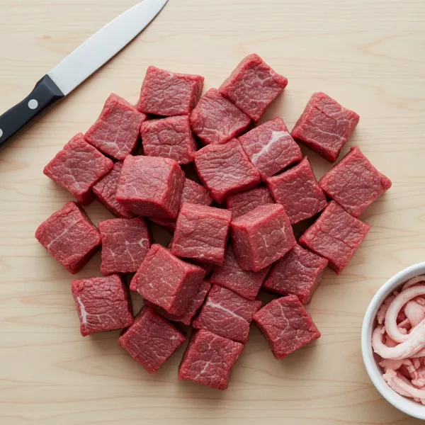 Raw meat cubes meticulously trimmed of sinew and silver skin, ready for grinding.