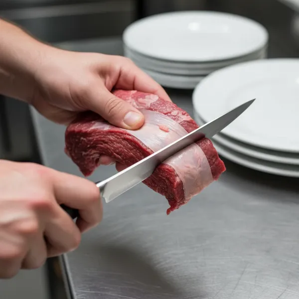 Expertly trimming silver skin from meat using a sharp boning knife for clog-free grinding.